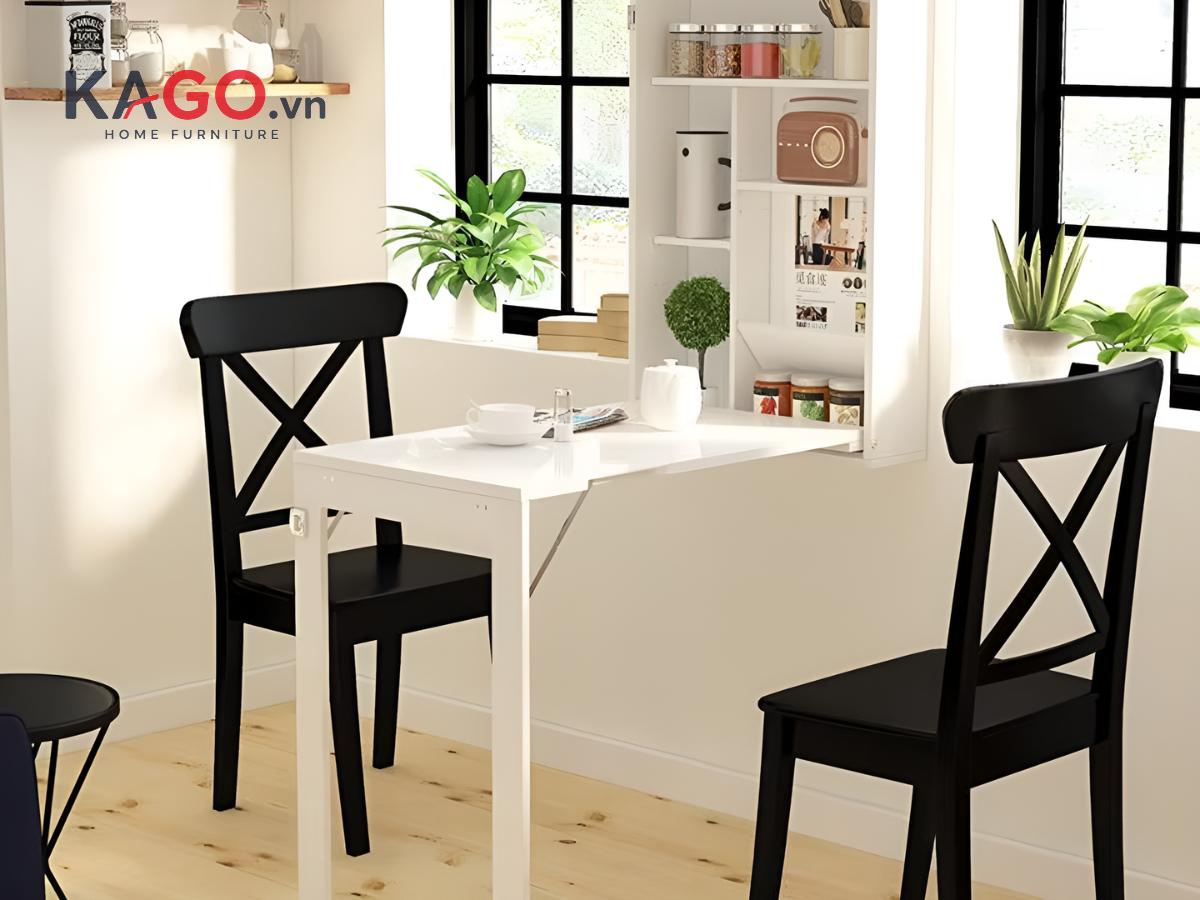 Bàn ăn gắn tường thông minh kết hợp kệ đựng đồ tiện lợi