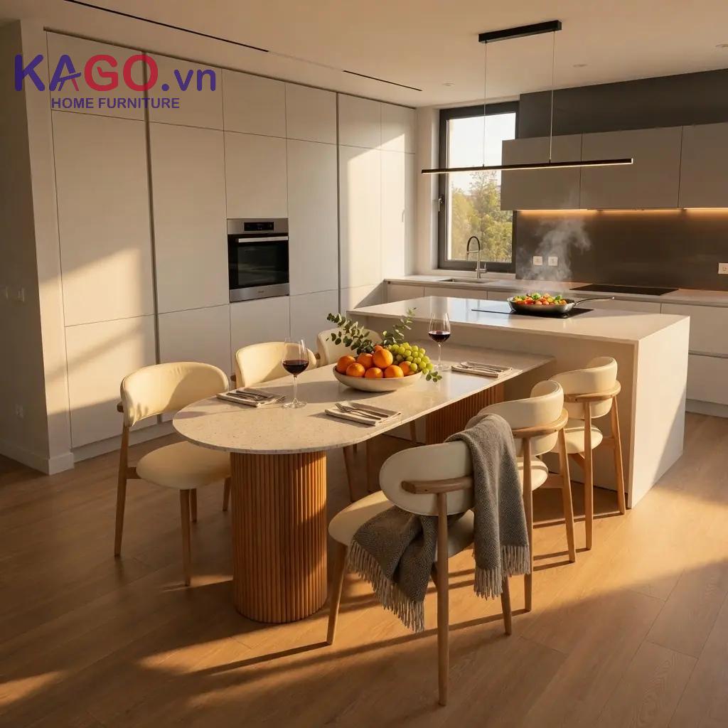 Bộ bàn ăn 6 người kết hợp ghế bọc nệm đơn giản, tối ưu diện tích và tạo điểm nhấn cho không gian bếp
