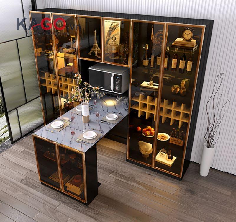 Bàn ăn kết hợp tủ rượu được thiết kế với mặt bàn bền chắc cùng hệ tủ đa năng đáp ứng nhu cầu ăn uống, lưu trữ và trang trí trong cùng một sản phẩm