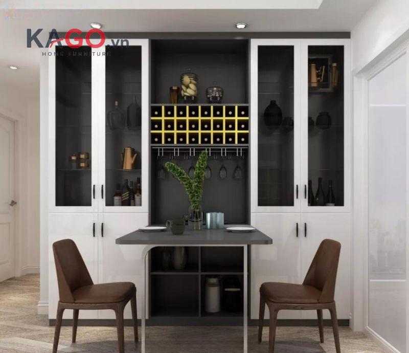 Thiết kế bàn ăn kết hợp tủ rượu giúp tiết kiệm không gian, tối ưu công năng sử dụng và tạo điểm nhấn hiện đại, sang trọng cho không gian sống