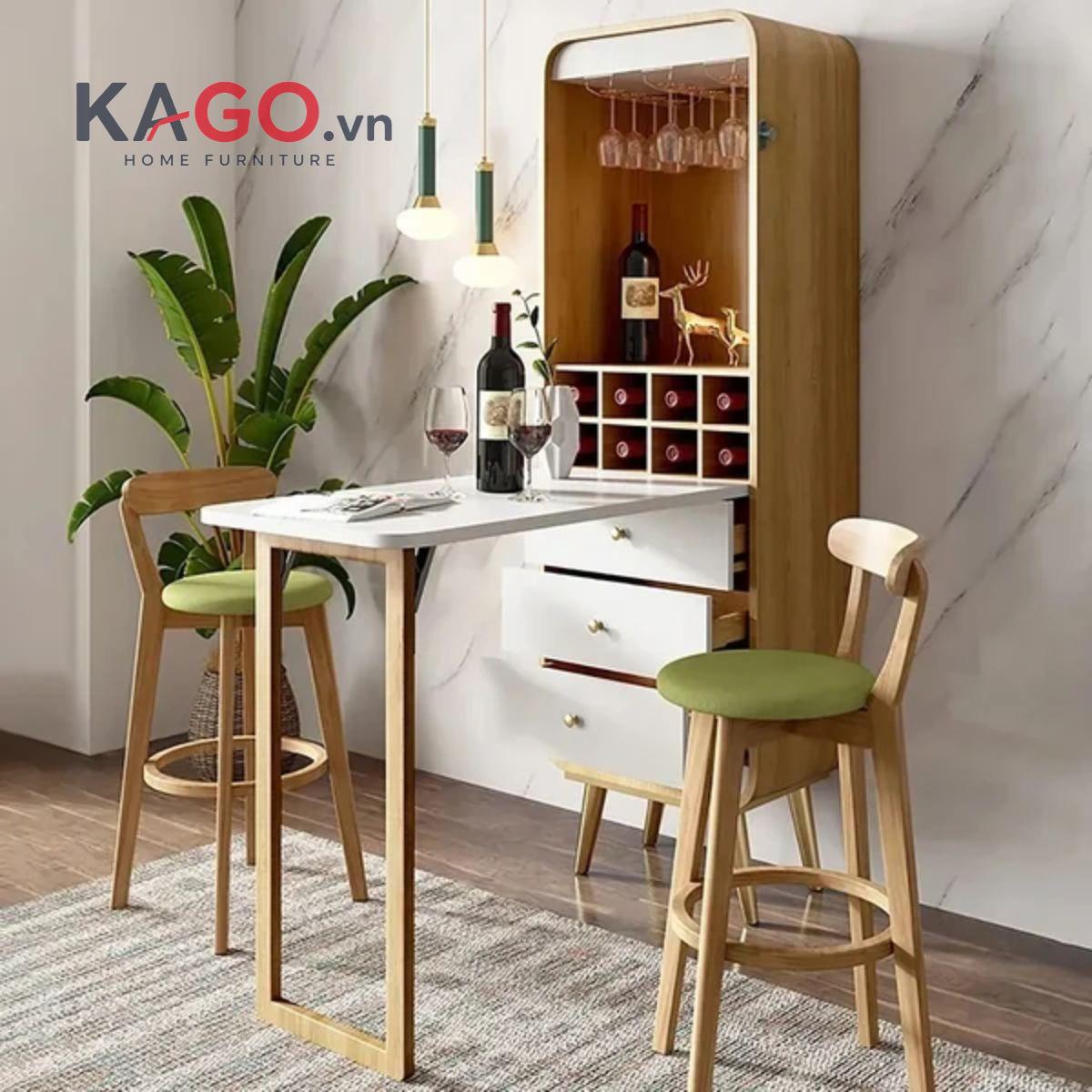 Bàn ăn kết hợp tủ rượu mini có thiết kế nhỏ gọn, tích hợp ngăn lưu trữ tiện lợi, phù hợp với căn hộ nhỏ và gia đình ít thành viên