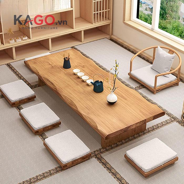 Bàn ăn kiểu Nhật hình chữ nhật sở hữu thiết kế tối giản, mặt bàn rộng và dễ bố trí