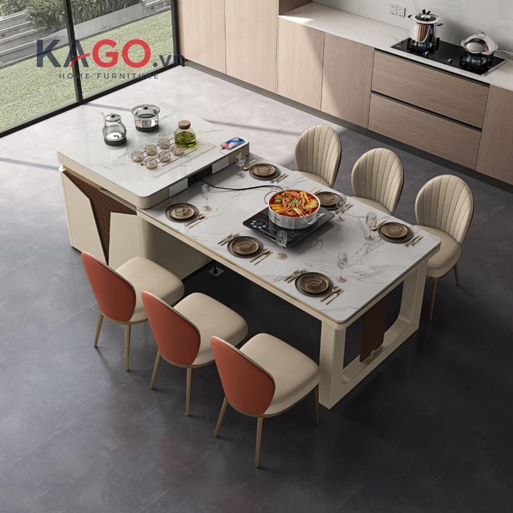 Bàn ăn kết hợp bàn đảo và bếp từ hướng dẫn nội thất hiện đại, tối ưu công năng và tạo không gian bếp gọn gàng, tiện lợi