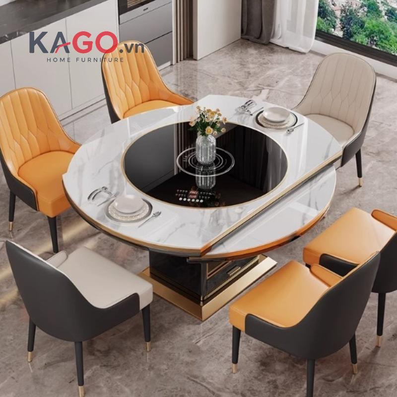 Mẫu bàn ăn mặt tròn có gắn bếp từ giúp tối ưu không gian, đảm bảo tính thẩm mỹ và mang lại trải nghiệm sử dụng tiện nghi