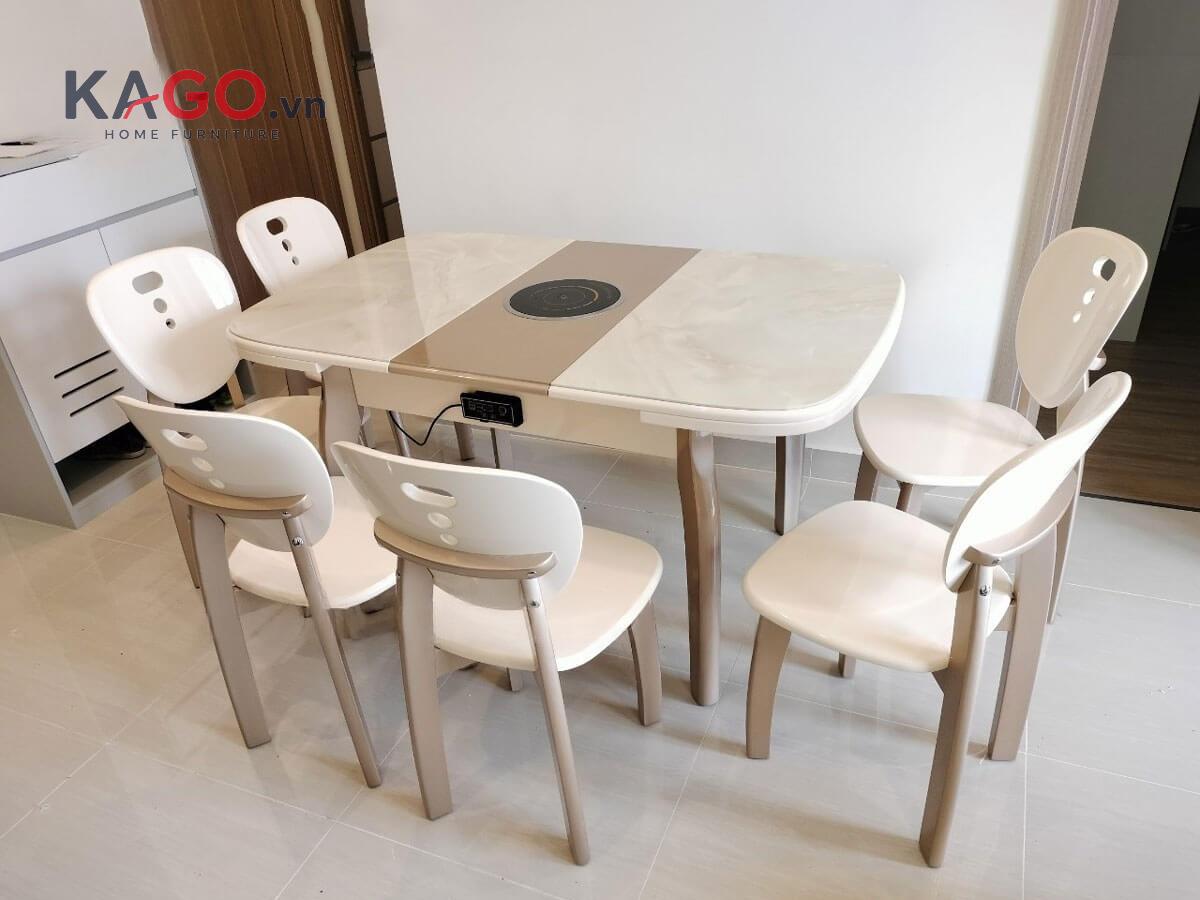 Bàn ăn mặt chữ nhật có gắn bếp từ là lựa chọn lý tưởng cho phòng ăn hiện đại, đáp ứng nhu cầu sử dụng hằng ngày và tối ưu diện tích
