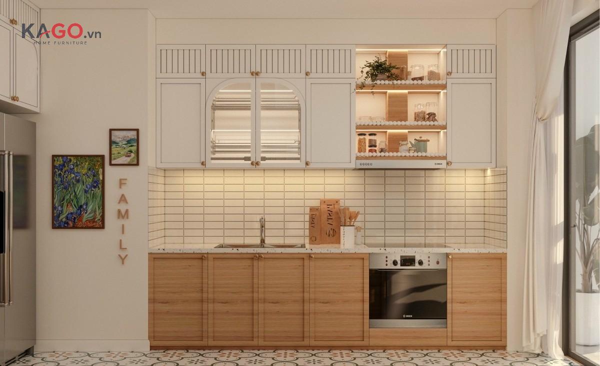Bếp Scandinavian với nội thất tối giản, hệ tủ gọn gàng và bố trí khoa học, tối ưu không gian lưu trữ và công năng sử dụng