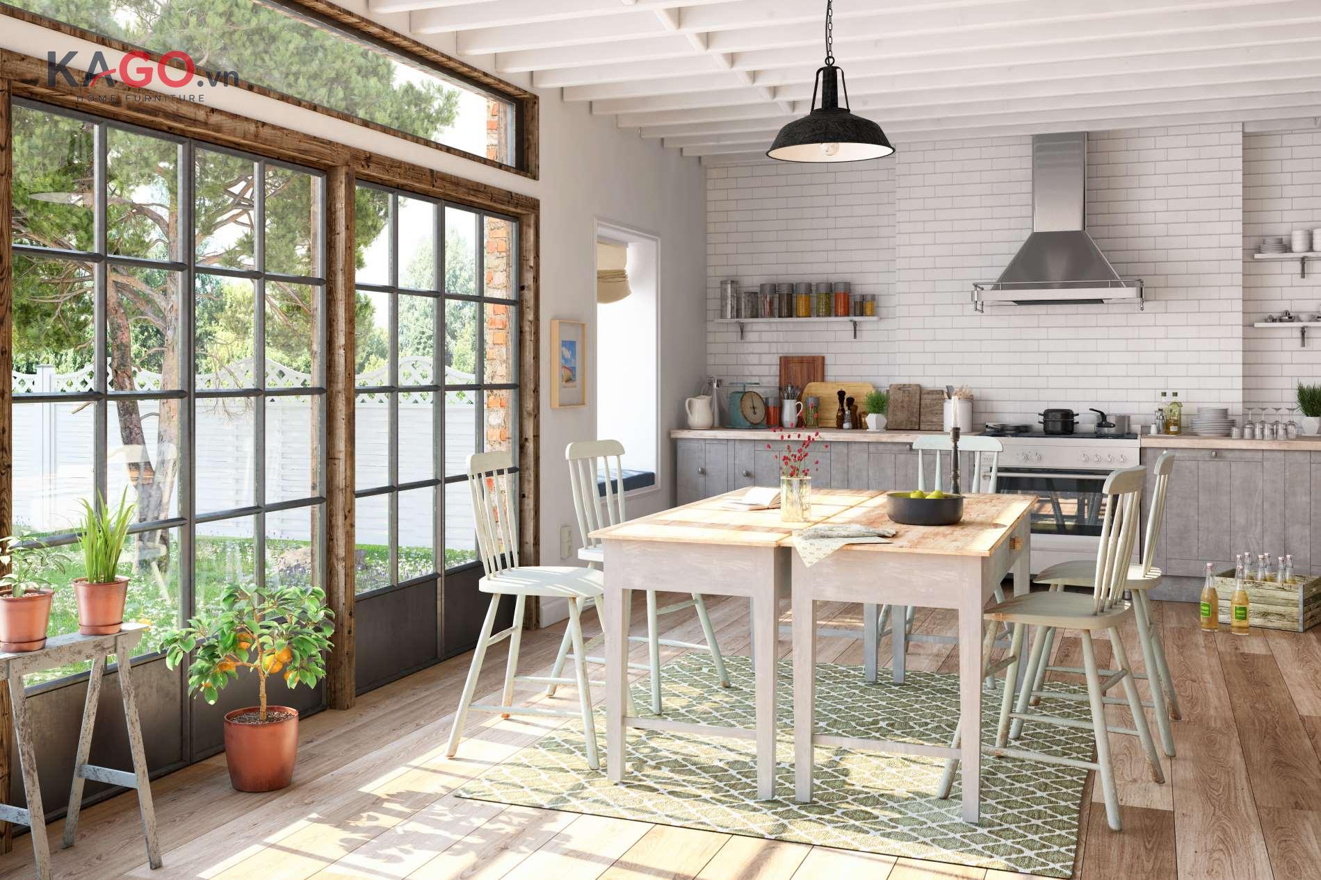 Bếp phong cách Bắc Âu kết hợp gỗ tự nhiên trong tủ bếp, bàn ăn và decor, tạo vẻ mộc mạc, ấm áp và hài hòa