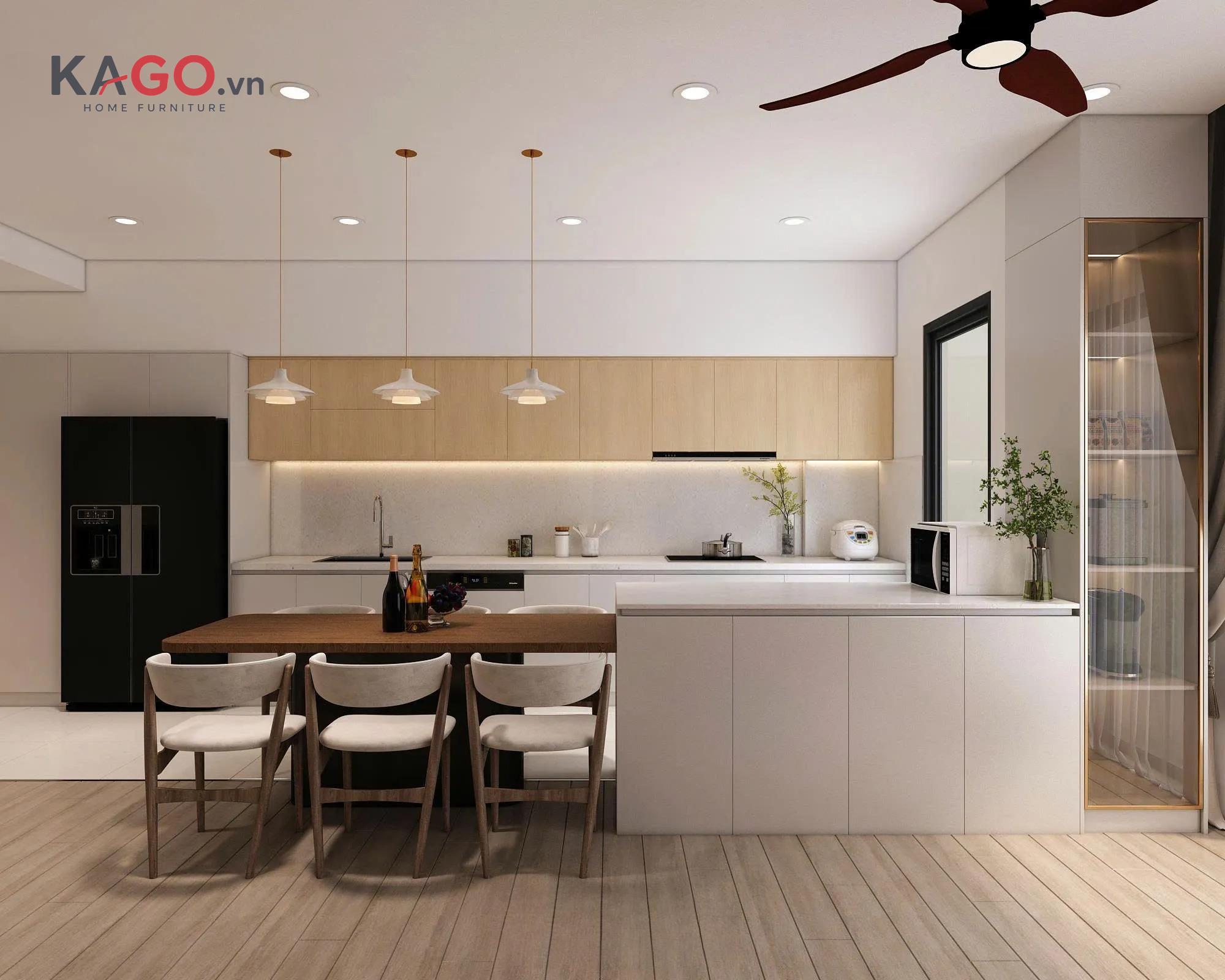 Bếp Scandinavian trang trí tối giản với thảm trung tính, đèn thả, tranh và cây xanh, tạo điểm nhấn tinh tế, ấm cúng