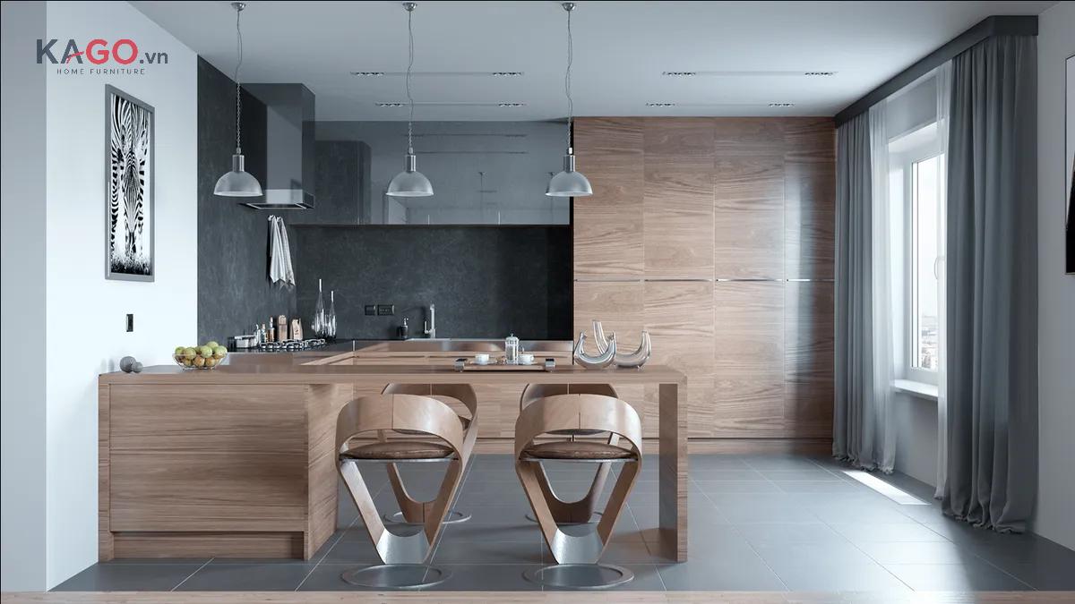 Mẫu bếp phong cách Scandinavian phối màu tương phản kết hợp nền sáng với tủ hoặc mảng tường đen, xám đậm, tạo chiều sâu và diện mạo hiện đại, cá tính