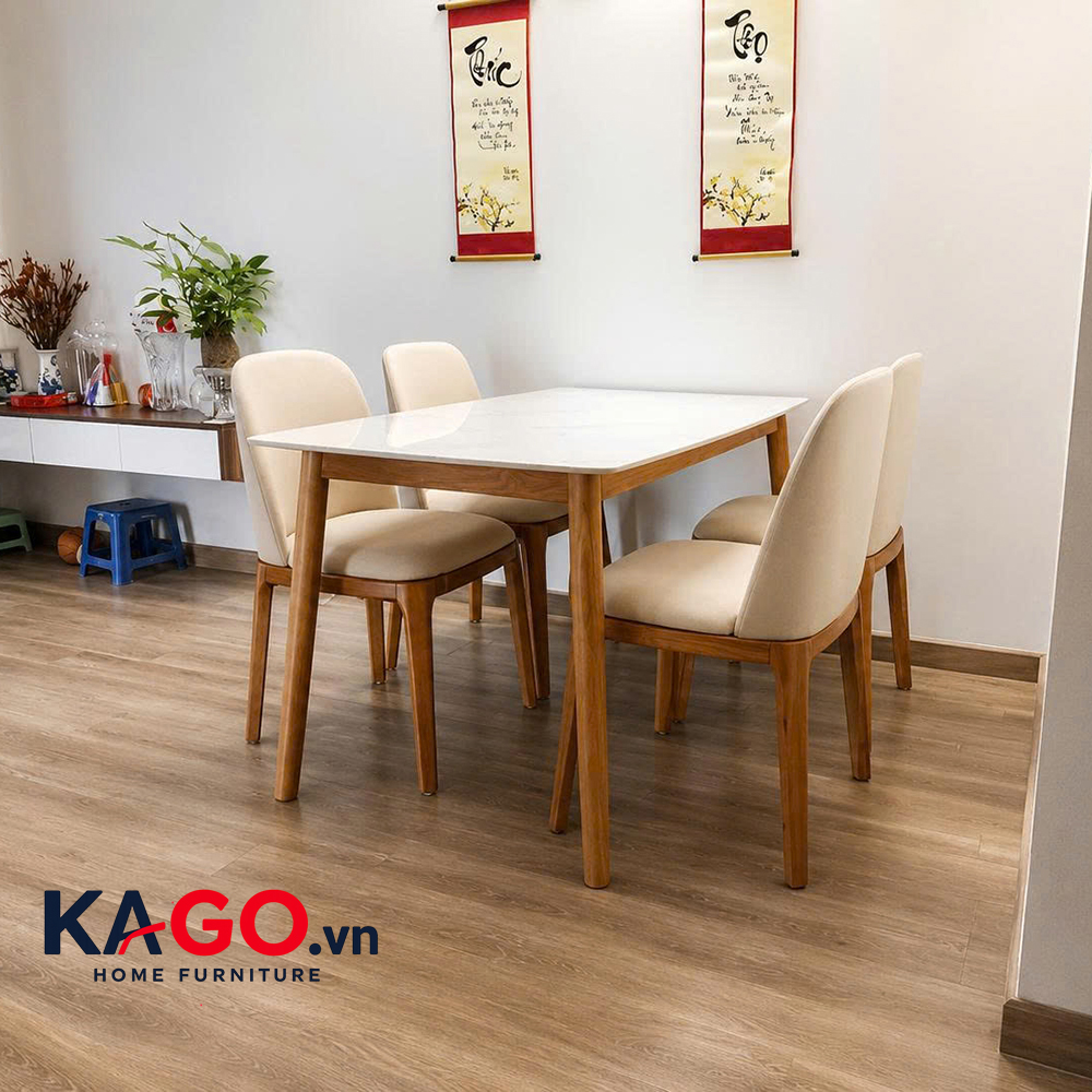 Bộ Bàn Ăn Mặt Đá 4 Ghế Gỗ Đệm Bọc Da