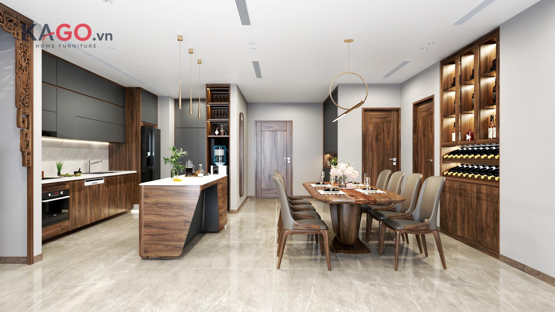 Quầy bar phân tách bếp và phòng ăn, đồng thời tăng diện tích sử dụng và tạo điểm nhấn cho không gian