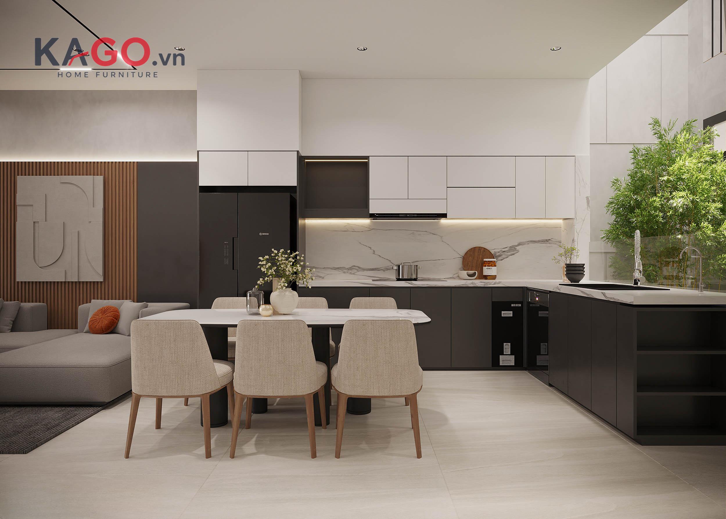 Phối hợp màu sắc, ánh sáng và vật liệu giúp phân tách phòng ăn và bếp tinh tế, đồng thời tạo cảm giác hài hòa, thoáng đãng