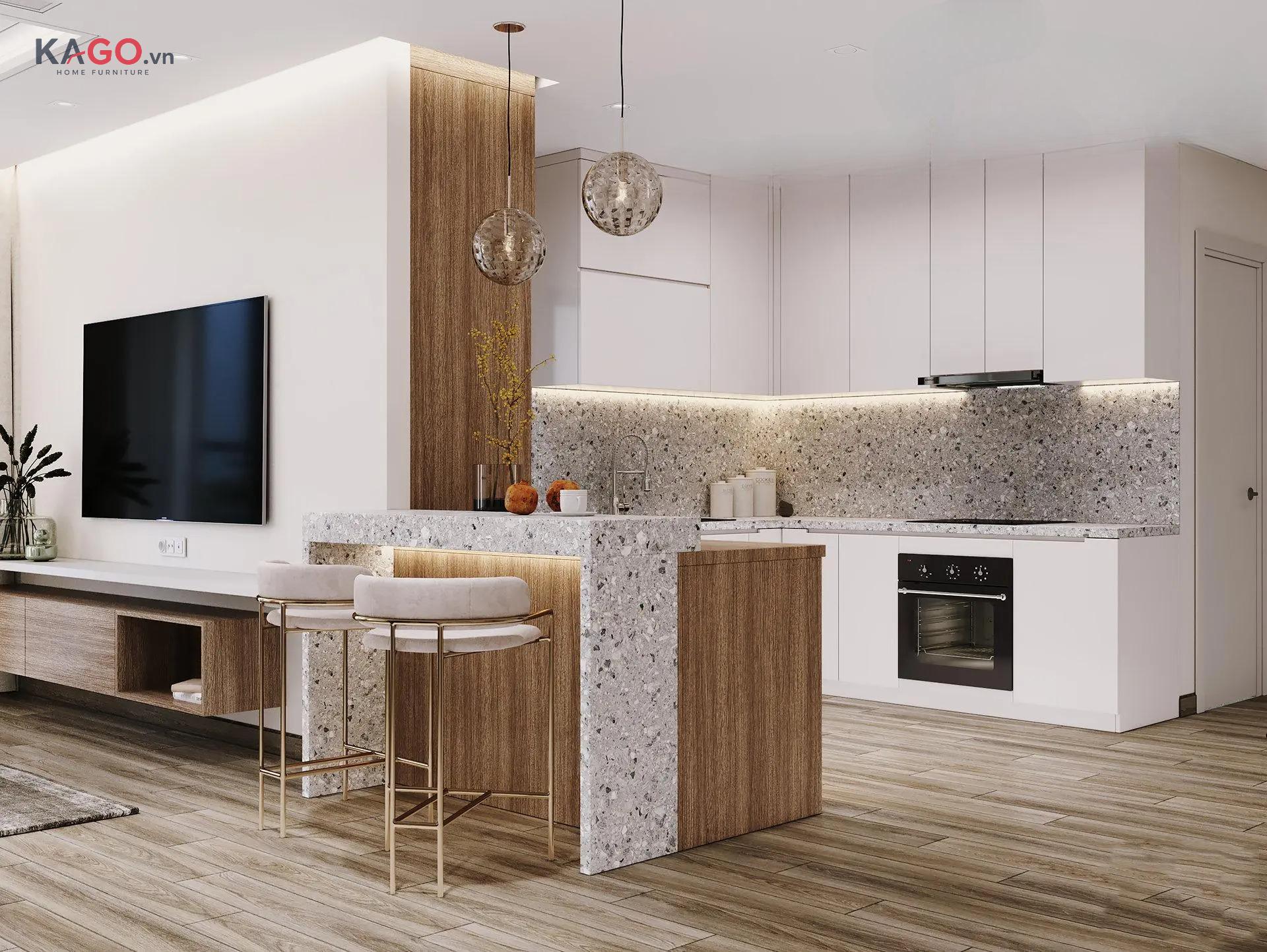 Mẫu quầy bar ngăn bếp và phòng khách màu trắng kết hợp màu gỗ