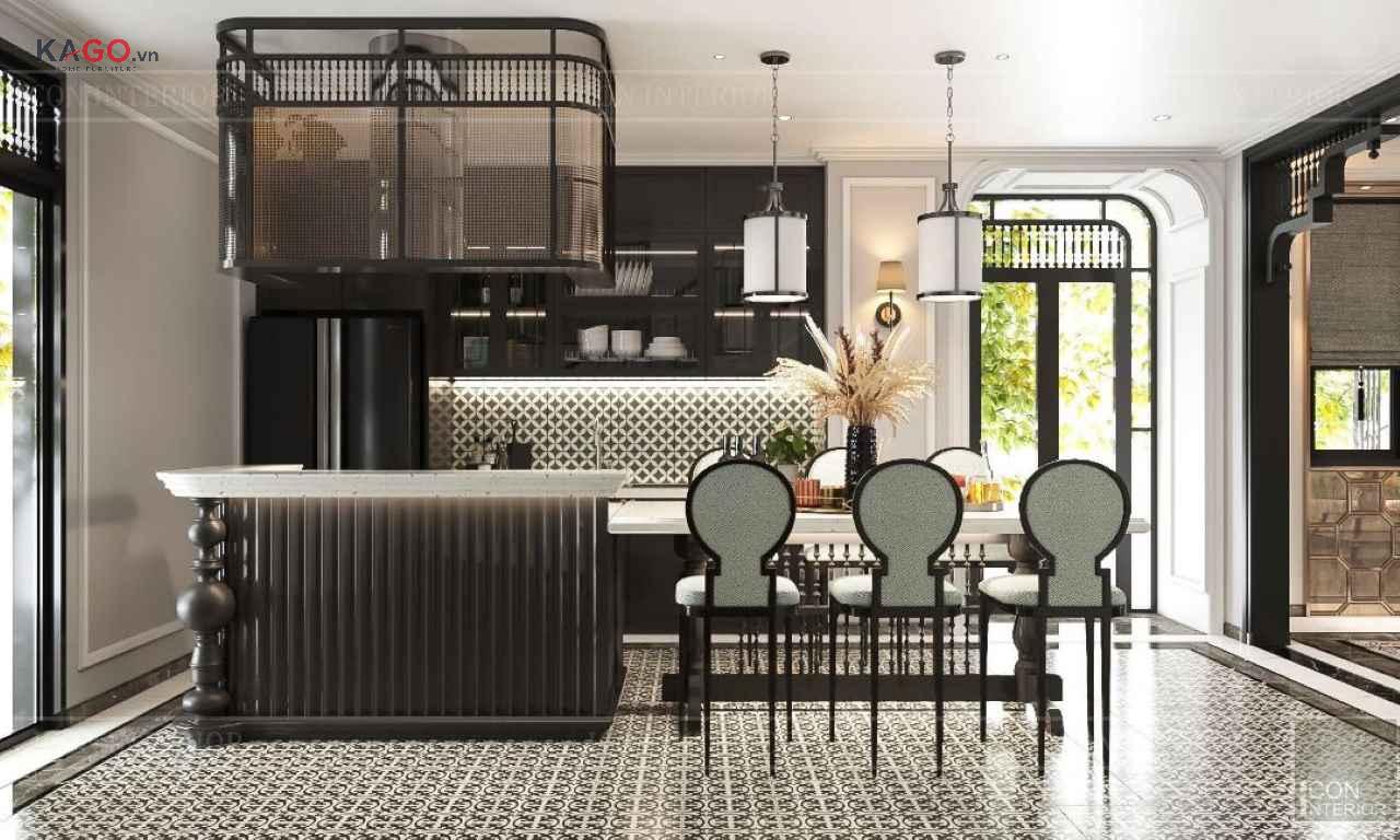 Mẫu quầy bar kết hợp đảo bếp ngăn phòng khách theo phong cách vintage