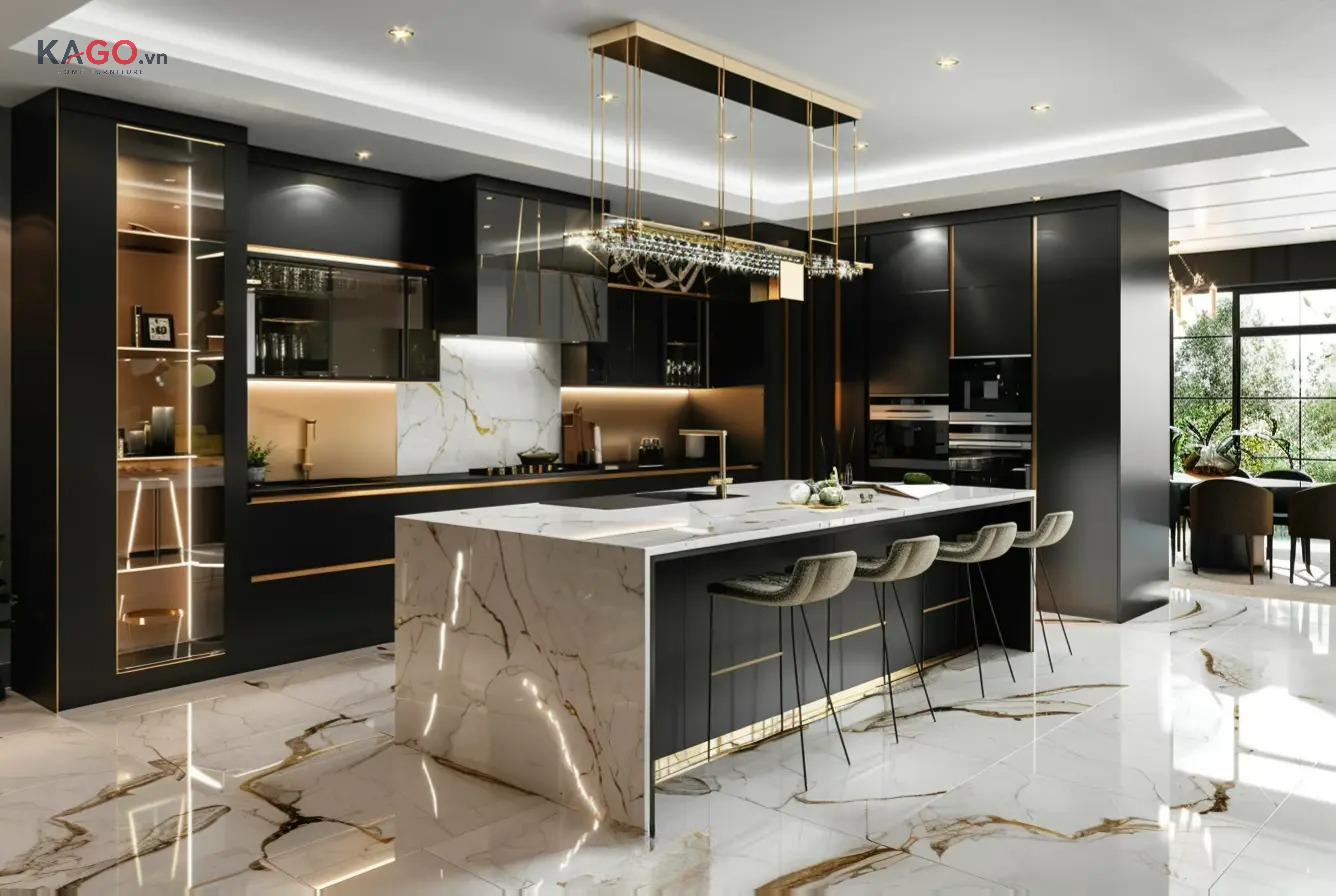 Mẫu quầy bar phân chia phòng khách và bếp mặt đá marble sang trọng