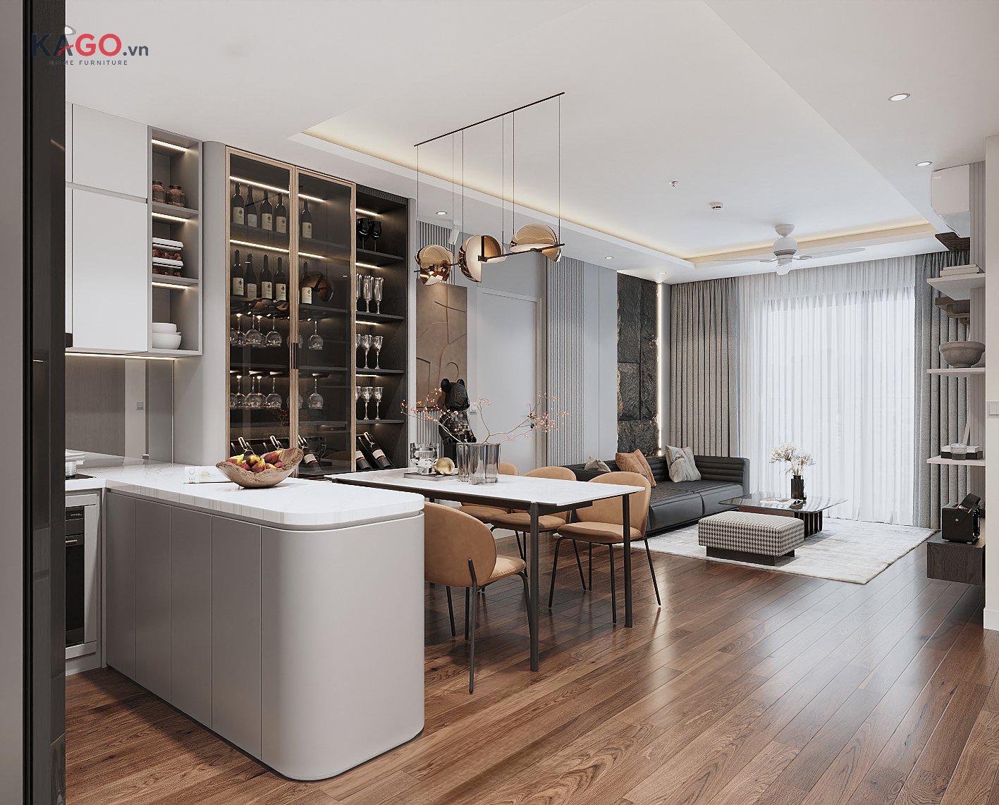 Quầy bar bố trí hợp lý, chọn vật liệu phù hợp và hài hòa với tổng thể nội thất để đảm bảo thẩm mỹ, an toàn và tiện dụng