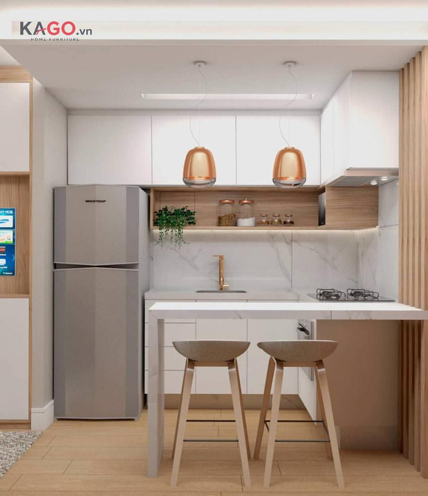 Chất liệu bền, dễ vệ sinh cùng màu sắc hài hòa sẽ giúp quầy bar đẹp và đồng bộ hơn với không gian
