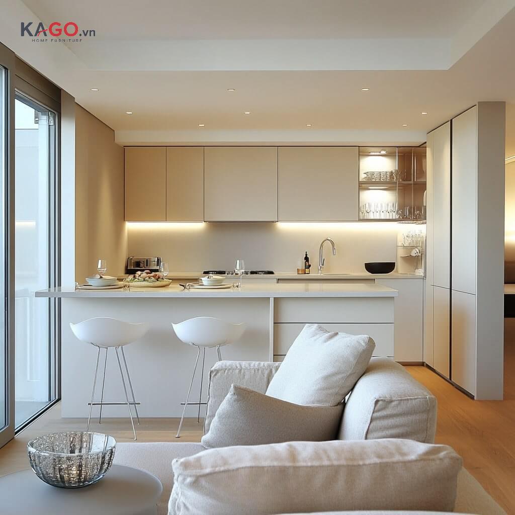 Bố trí quầy bar ngăn bếp và phòng khách tối giản