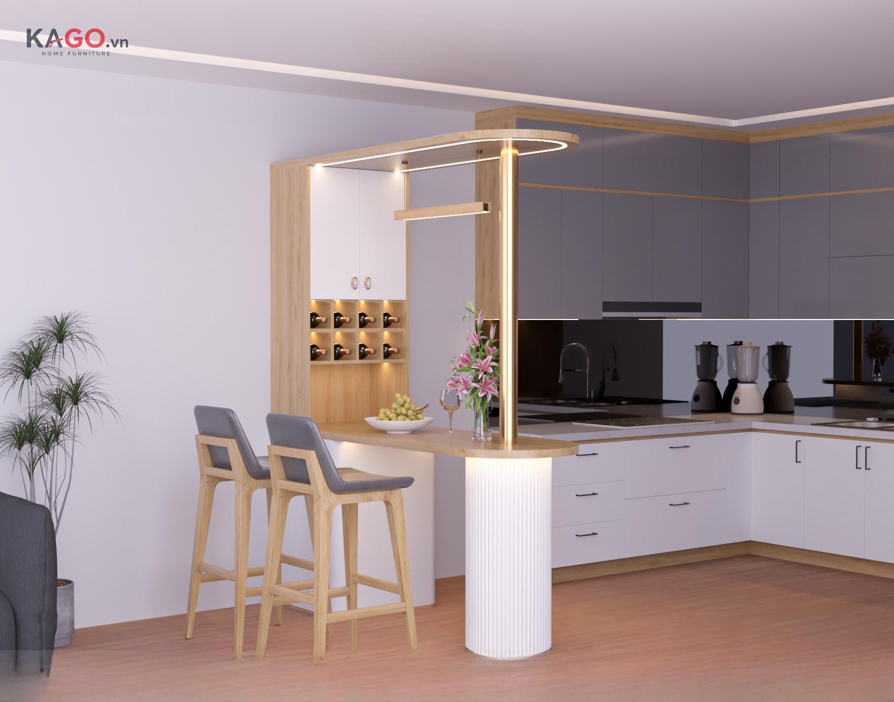 Mẫu quầy bar ngăn bếp và phòng khách nhà ống kết hợp đèn LED